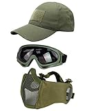 Hodeacc Taktische Airsoft-Maskenbrille, Baseballkappen-Set, verstellbare Halbgesichtsmaske mit Ohrenschutz, Airsoft-Brillen, Augenschutz, Outdoor-Hut für Airsoft/BB/CS-Spiele, 3 Stück