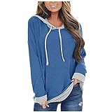 Damen V-Ausschnitt Langarm Solid Color Hoodies, Herbst Winter Thinc Drawstring Sweatshirt Casual Loose Pocket Tops, Blue01, 38