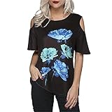 LETAMG 3D Blumendruck Hemden Kurzarm Womens Sommer Lose Beiläufige Kurze T-Shirts Schulter Große Größe Japanische Kleidung-Blaue Blume_Groß