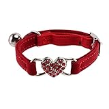 Zunedhys Anhänger mit Herz und Katzenhalsband, elastisch, Sicherheitsglocke, verstellbar, mit einem Material aus weichem Samt, Halsband für Haustiere, S, Rot