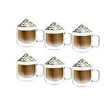 [6-Pack,250ml] Design•Master Hochwertiges doppelwandiges Isolierglas mit Henkel, Kaffee- oder Teeglasbecher, thermoisoliertes Glas, perfekt für Latte, Cappuccino, Milch, Tee und Getränke.