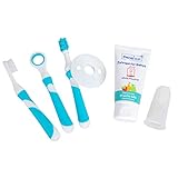 Dentistar® Zahnpflege Starter Set - 5 teiliges Zahnputzlernset + Mundpflege Set - Baby Zahngel und Silikon Fingerzahnbürste - OHNE Mikroplastik - vegan - BPA frei - Made in Germany