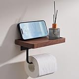 NIBNIE Toilettenpapierhalter aus Walnussholz mit Telefonablage, Klebe- oder Bohrer-Installation, Badezimmer, Waschraum, Wandhalterung, Toilettenpapierhalter aus Holz mit Ablage für Feuchttücher, Handy