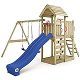WICKEY Spielturm Klettergerüst MultiFlyer mit Holzdach, Schaukel & Blauer Rutsche, Outdoor Kinder Kletterturm mit Sandkasten, Leiter & Spiel-Zubehör für den Garten