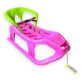 BUSDUGA 4071 Schlitten pink 90cm mit Rückenlehne und Gurt, Metallkufen, robuster Kunststoff, Zugseil