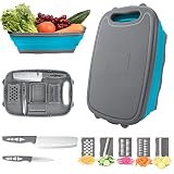 HI NINGER 9 in 1 Schneidebrett Multifunktions, Faltbare Schneidebrett Küche mit 5 Gemüseschneider und 2 Messer Tragbares Schneidebrett Kunststoff Faltbares Abflusskorb für Camping, Grillen, O