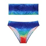Lemonfish Women's Bandeau Bikini Set Removable Straps Swimsuit 2 Piece Bathing Suits Rainbow
