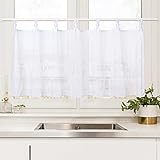 LinTimes Bistrogardine Voile Gardinen，Scheibengardine mit Stickerei kurz Vorhänge Dekoschal halbtransparente Halbfenster Küchenvorhänger, Weiß, 45 * 90 cm