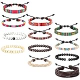 sailimue 12PCS Geflochtene Leder Holz Armbänder Set für Herren Damen Hanf Cords Perlen Armband Einstellbar Ethnisch Stammes Charme