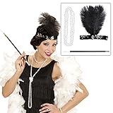 NET TOYS Charleston Kostüm Set mit Kopfschmuck, Halskette und Zigarettenspitze 20er 30er Jahre Bekleidung Gatsby Mode Outfit Damen Flapper Haarschmuck Federschmuck Haarband