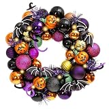 Valery Madelyn Halloween Deko, Halloween Kranz Ø 30cm, Freche Leckerbissen und bruchsichere Halloween-Kugeln-Ornamente mit Led Licht für Haustür, Wanddekoration, Party