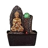 Buddha Brunnen Haka – Zimmerbrunnen Buddha Entspannung LED-Licht – Feng Shui Objekt – Glücksbringer Deko – Tischbrunnen – Geschlossene Schaltung – Braun und Gold – H 26 cm – Zen'Light