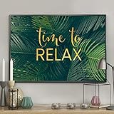 DecoKing Poster 40x50 cm mit Rahmen Wandbild mit Goldener Aufschrift Wandposter von Bester Qualität Pflanzenmotiv grün Evergreen Relax