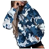 Damen Casual Camouflage Print Sweatshirt Langarm V-Ausschnitt Lose Warm Pullover Kapuzenbluse mit Tasche, Blau5, 46