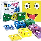 Gesichter Puzzle Bauwürfel Ausdruck Holzpuzzle, PECHTY Gesichter Spiel Ausdruckspuzzle Würfel Montessori Lernspielzeug für Kinder, SUMAIRS Emoji Blöcke Holzspielzeug Weihnachten Geschenk (Kit A)