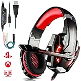 FUNINGEEK PS4 Headset, Gaming Kopfhörer für PS4 PC Xbox One Switch, Headset für Laptop/Mac/Tablet/Smartphone mit LED Licht Stereo Surround Noise Cancelling (Rot)