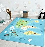 the carpet Happy Life Kinderzimmer, Kinderteppich, Spielteppich, Waschbar, Weltkarte, Erde, Tiere, Blau, 160 x 220 cm
