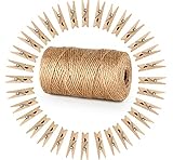 Garten Kordel mit 100 Wäscheklammern Holz 3,5cm Absofine Bastelschnur Jute Kordel 100M Natur Juteschnur Clothespins Verpackung Gastgeschenk