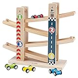 Kugelbahn Holz ,Ideal für Kind und Baby - Murmelbahn mit 4 Autos - sehr stabiles Premium Holzspielzeug ,Geschenke Spielzeug für Kinder ab 1 Jahr (Stadt)