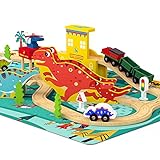 ROBUD 50 Stücke Holzbahn Set Dinosaur Eisenbahn mit Zubehör Lokomotive Flugzeug Spielzeug für Kinder ab 3 Jahren