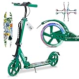 Arebos Cityroller Tretroller Grün höhenverstellbar | klappbar | inkl. Tragegurt | LED Räder | Hand-Tritt-Bremse | Front-Heckfederung | Kinder & Erwachsene | 100kg belastbar | Kickroller | Kick