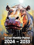 Oil Painted Abstract Hippo 10 Year Monthly Planner 2024-2033: Large 120 Month Calendar | Sunday to Saturday with USA Federal Holidays | For Back To ... For Wildlife Lovers | 8.5 x 11 Inches | v6