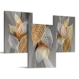 hyidecorart Bilder Schlafzimmer 30x40 cm 3er Set Wanddeko Gold Abstract Blätter, Modern Bilder mit Rahmen für Wohnzimmer Natur Kunstdruck Leinwandbilder für Flur küche Esszimmer Büro Villa B