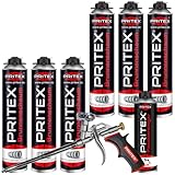 PRITEX – Brunnenschaum Set aus 6 x 750 ml Pistolenschaum inkl. Pistolenreiniger 500 ml und Bauschaumpistole – Bauschaum zur Montage von Brunnenschachtringen & R
