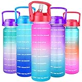 BuildLife Sport-Trinkflasche, 1 l, mit Trinkhalm, motivierender Zeitmarkierung, auslaufsicher, wiederverwendbare Trinkflasche für Reisen/Fitnessstudio/Yoga/Outdoor/Camping/Radfahren (pink-blau, 1 l)