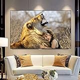 Wandbilder Bild Drucke Für Wände Afrika Tierwand Bilder Poster & Kunstdrucke Löwe Und Kleines Mädchen Heilbild Für Wohnzimmerdekorationen 45X65Cm X1 Rahmenlos