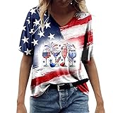 FASLOLSDP Frauen Sommer Einfache Casual V-Ausschnitt Kurzarm Tops Bunte Unabhängigkeit Tag Drucken T-Shirt Tops Langarmshirt Damen Locker