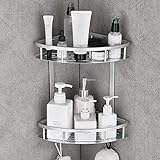 GRICOL Eckduschregal ohne Bohren Selbstklebende Duschablage aus Space Aluminium Wandregal mit 2 Haken für Küche Bad Silber