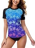 BesserBay Damen Schwimmshirt UV Shirt Rundhals UPF 50+ Sonnenschutz Kurzarm Rash Guard Schwarz Blau XL