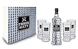 Three Sixty Set Geschenkset Geschenk Box - Three Sixty Vodka Wodka 0,7L 700ml (37,5% Vol) + 4x Gläser eckig Longdrink Glas 300ml Fassung Kristall Glas - [Enthält Sulfite]