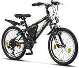 Licorne Bike Guide Premium Mountainbike in 20 Zoll - Fahrrad für Mädchen, Jungen, Herren und Damen - 18 Gang-Schaltung - Schwarz/Blau/Lime