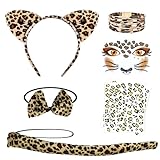 Meanju 8-teilig Leoparden Kostüm Set,Leopard Gesicht Kunst Aufkleber+Ohren Haarreif+Schwanz+Armband+Fliege+Leopardenmuster Tattoo,für Kinder Karneval Fasching Halloween Party