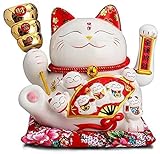 Maneki Neko Winkekatze Glückskatze Glücksbringer Winkende Katze aus Porzellan, Keramisch Statuette für Zuhause Büro und Laden Dekoration, Weiß, 26x19x23cm/10.2x7.5x9inch,2