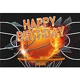 YongFoto Basketball-Sport-Spiel-Hintergrund 'Happy Birthday', Ledertextur, Feuer, Leidenschaft, Flamme, schießen Sie einen Korb, Fotografie-Hintergrund, Jungen, Männer, Party-Banner, Kuchen,