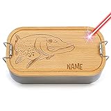 PR Print Royal Brotdose mit Gravur selbst gestalten - Hecht - mit Name personalisieren - Geschenke für Angler, Fischer und Fans vom Angelsport - Lunchbox, Holzdeckel, BPA-frei, 600 ml