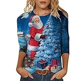 T-Shirt Damen Oberteile Damen Christmas Pullover 3/4 Ärmel Homewear Polyester Modern Warme Pullover Damenen Rundhals Tailliertes Schneeflocke Oversize Blau