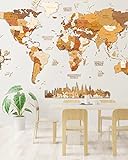 Hölzerne Weltkarte Wanddekoration - mehrschichtig, gebeiztes Holz, eingravierte Namen - einzigartiger 3D-Effekt - für Wohnzimmer, Bür, Schlafzimmer, Kinder L150 (150x100 cm)