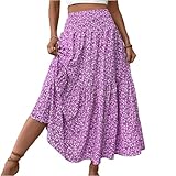 Rock Damen Lang Lässig Bohemien Druck Hosenrock Sommer Rock Damen Elastische Bund Strandkleider Tüllrock Flowy Sommerrock Leicht Und Luftig Strandrock（8-Purple，M）