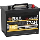 BSA ASIA Autobatterie 77Ah 12V 660A/EN ASIA Batterie Plus-Pol Rechts 30% mehr Startleistung ersetzt 70Ah 80Ah