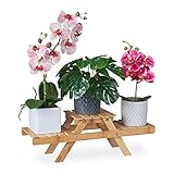 Relaxdays Blumentreppe, mit 3 Ablagen, für die Fensterbank, aus Bambus, Pflanzenregal, HBT: 17 x 51,5 x 15 cm, Natur