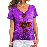 Große Größe Splice Baumwolle 4XL 5XL Frauen Acasual locker V-Ausschnitt Kurzarm Mode Blumendruck T-Shirts gelten für Schule Fitness Alltag usw. XXXXX-Large Zc-174bk-purple