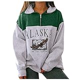 FMYONF Alaska Grafik Langarm Sweatshirts für Damen, Hip Hop, Oberteil mit 1/4Reißverschluss,Vintage Langarmshirt Jumper(Grün,S)