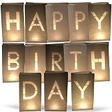 AMENOPH1S Happy Birthday-Set | Weiße Papierlaternen | Kerzentüten | Lichttüten | Einzelne Buchstaben | Dekorationen für Geburtstage | Schwer Entflammbar