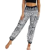 Nuofengkudu Damen Hippie Haremshose Capri Thai Hose Leichte mit Taschen Dünn Boho Ethno Blumenmuster Muster Strand Sommerhose Yogahose,Schwarz G