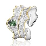 ✦Geschenke für Frauen✦Springlight S925 Sterling Silber Breit Ring Damen Blätter Ring Grüner Stein/Bernstein Groß Naturstein Ring Schmuck Personalisierte Geschenke.（Green）