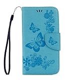 ISAKEN Kompatibel mit Galaxy S4 Mini Hülle, PU Leder Flip Cover Brieftasche Ledertasche Handyhülle Case Schutzhülle mit Handschlaufe Strap für Samsung Galaxy S4 Mini - Schmetterlinge Blumen Blau